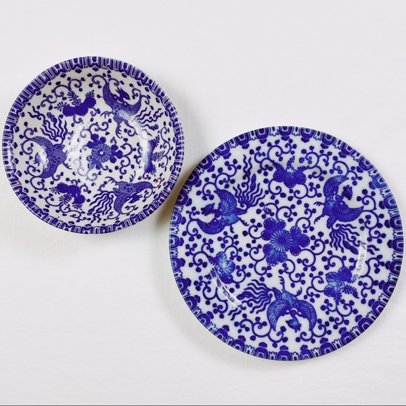Antique Japanese Blue & White Phoenix Bowl & Plate Set